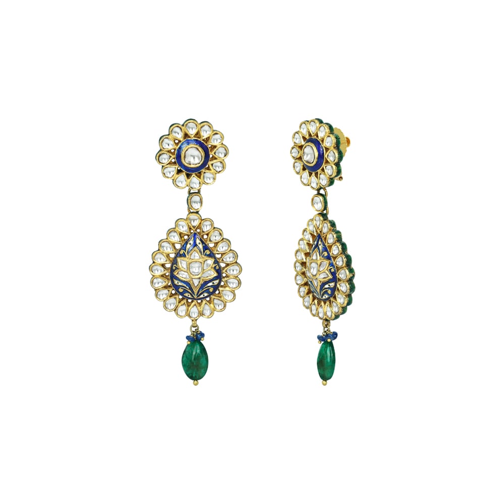 Blue Enamel Polki Earrings with Floral Design and Emerald Drops